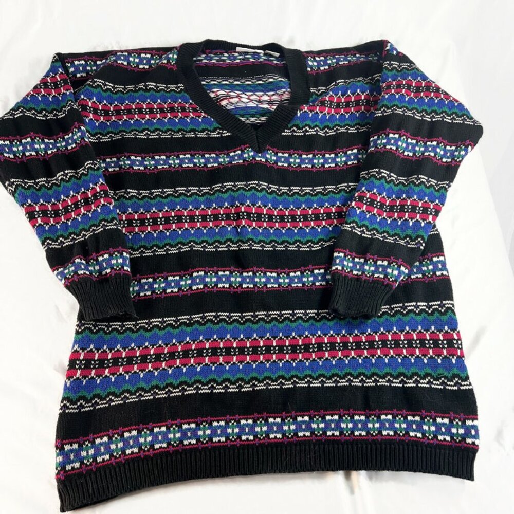 Vintage Class 955 Multicolor V-Neck Casual Sweater Size L Pullover Striped